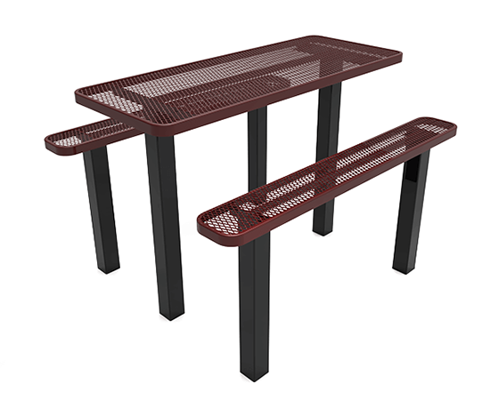 Rectangular picnic table with 4x4 pedestal frame and perforated metal top designed for commercial outdoor seating areas